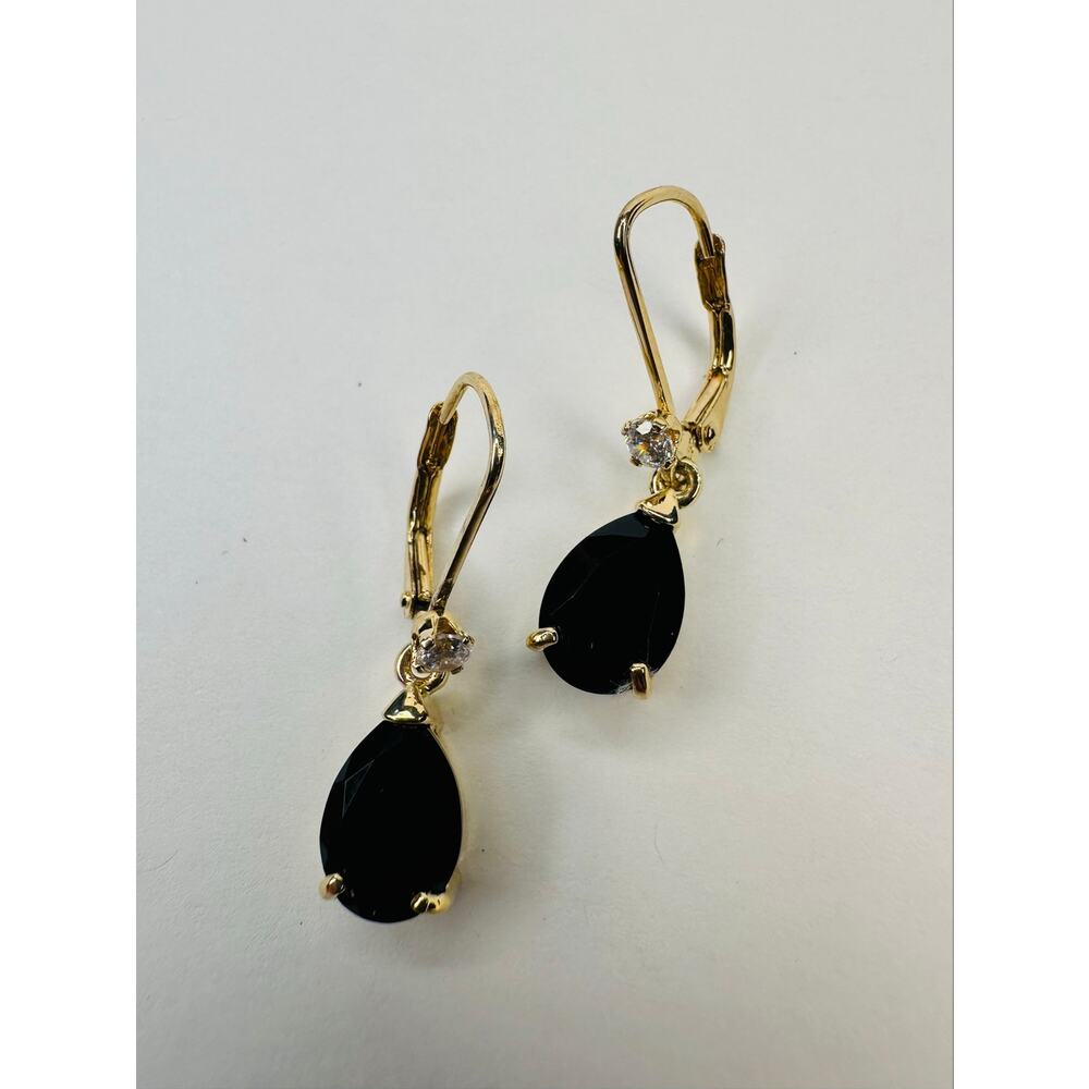 Sterling Silver Dangle Drop Earrings with Gold Wash and Dark Black Pear Stone